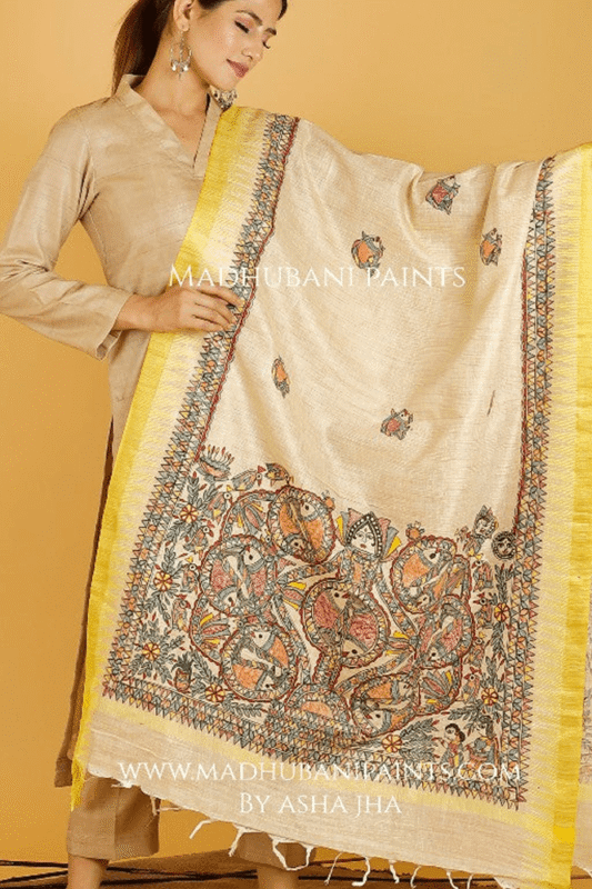 Handpainted Madhubani ‘Mithila Mayur’ Dupatta