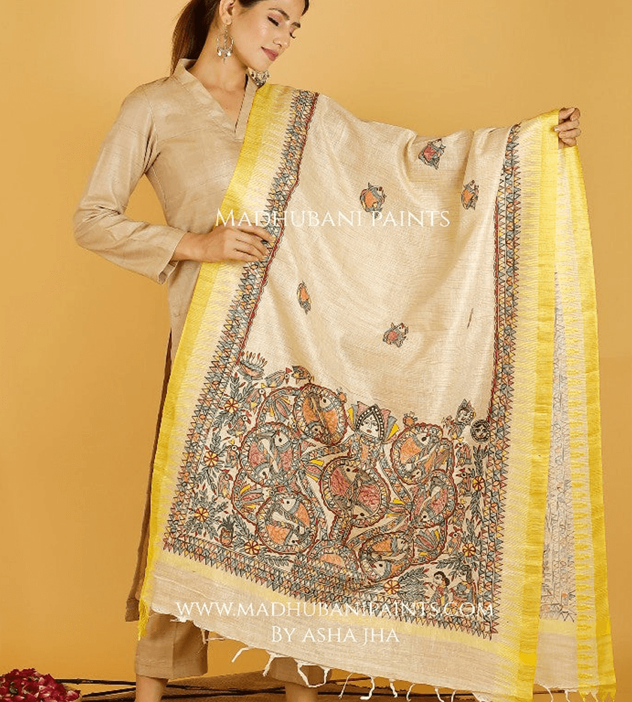 Handpainted Madhubani ‘Mithila Mayur’ Dupatta