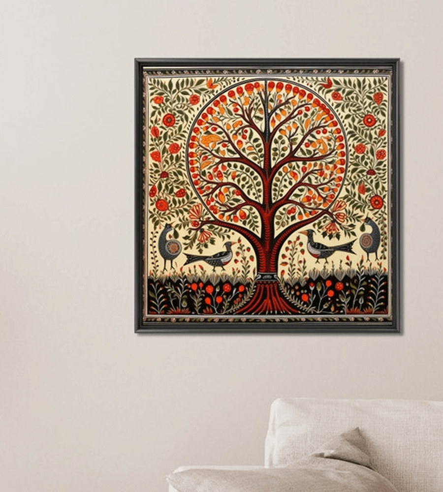 Vibrant Indian Folk Art Canvas Tree with Birds